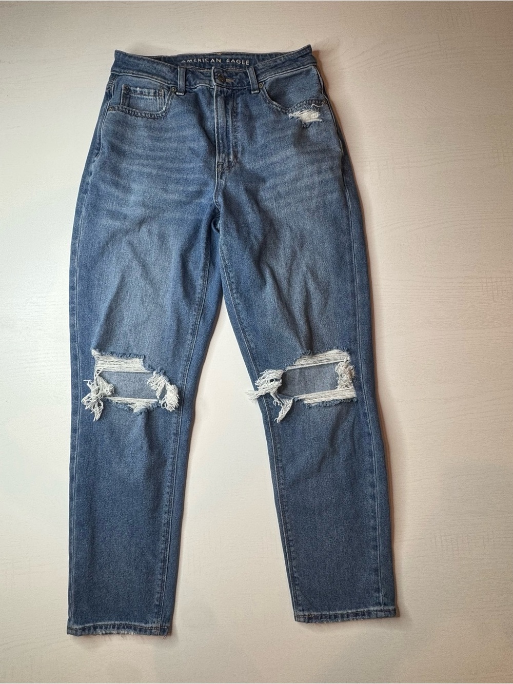 American Eagle Outfitters Distressed Straight Leg Mom Jeans - Blue